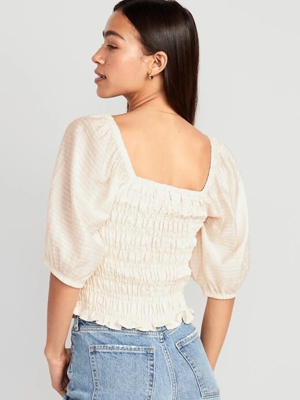 Old Navy XL Cream Smocked Puff Sleeve Square Neck Blouse Top Ivory Women Creme